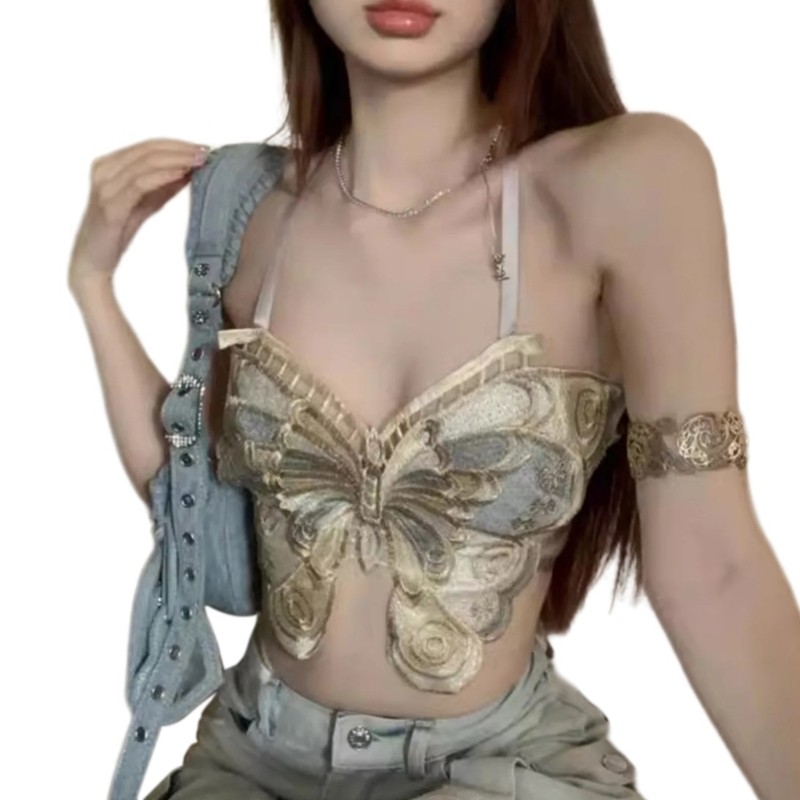 Pealike Halter Backless Camisole với hình bướm thêu dây đeo Áo Vest Clubwear