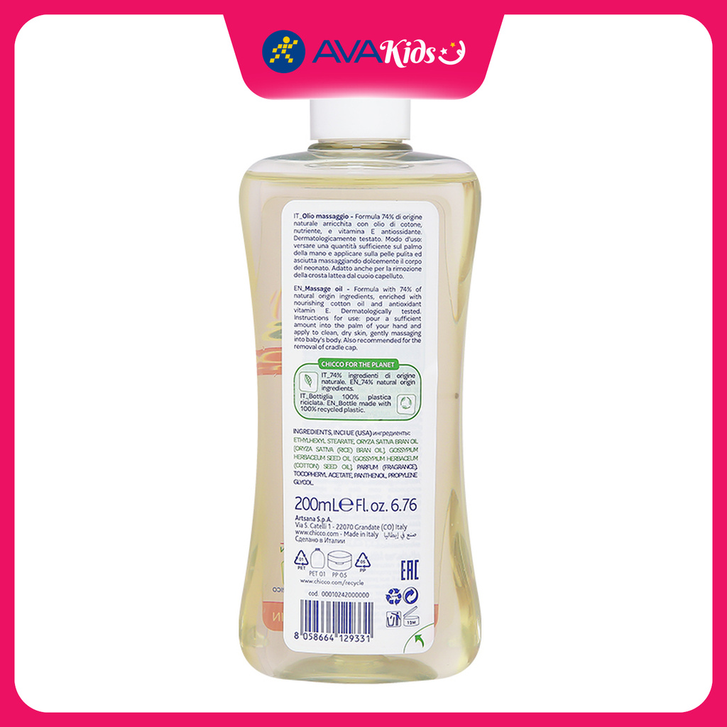 Dầu Massage Chiết Xuất Hạt Bông Cho Bé Chicco 200ml – Dưỡng Da Mềm Mại, An Toàn Từ Thiên Nhiên SSVL