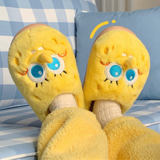 XIXITIAO Dép bông SpongeBob mùa thu đông, mũi tròn, lót nhung giữ ấm, đế dày mềm, cho nữ