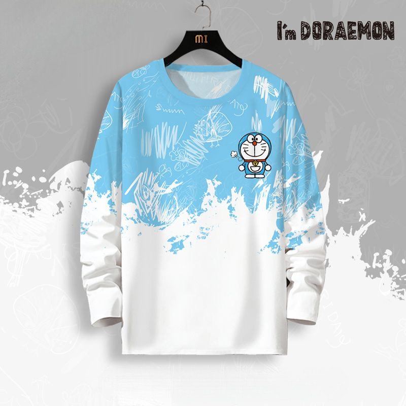 Áo Thun Dài Tay ngoại cỡ áo nam mặc thường ngày Doraemon dáng rộng cổ tròn