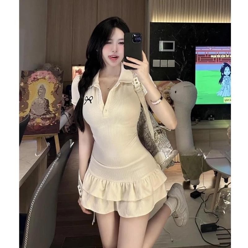 Đầm xoè ngắn nữ cổ polo thêu nơ KÈM QUẦN Đ555