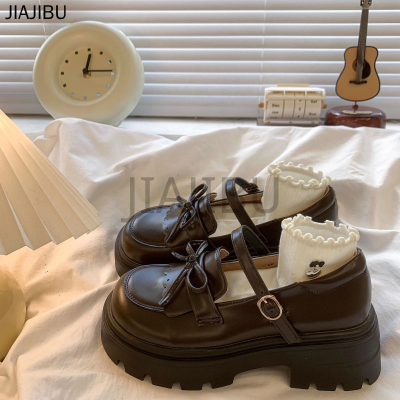 Giày Da Gót Dày Màu Nâu Phong Cách Anh Quốc Giày Nữ Chất Lượng Cao Giày Công Chúa Nơ Cổ Điển Korean Fashion Platform Mary Jane Shoes Giày Đi Học Màu Đen Japanese JK Uniform Cosplay Doll Shoes Giày Lolita Đế Mềm Mũi Tròn Chống Trượt Giày Mũi To