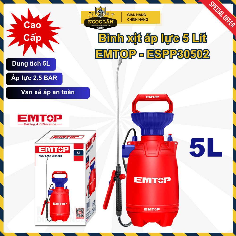 [Chính hãng] Bình xịt áp lực, bình xịt tưới cây EMTOP 5 lít (mã ESPP30502) cao cấp