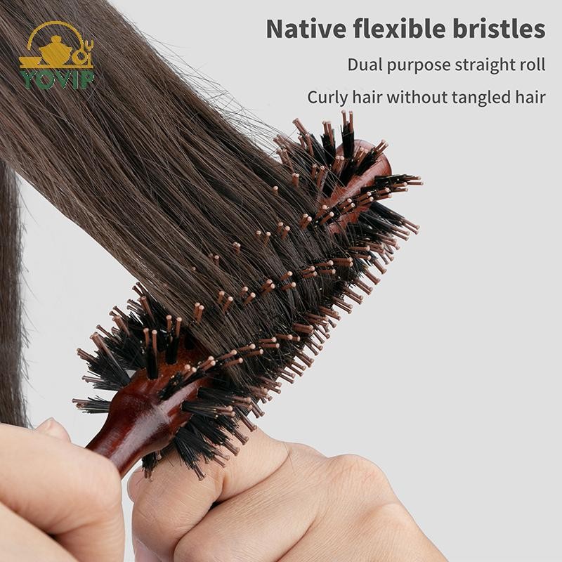 YOVIP 1 Cái Tay Cầm Gỗ Tròn Cán Bàn Chải Thẳng Twill Lược Tóc Boar Lông Tròn Thùng Uốn Tóc Dụng Cụ Làm Tóc VN
