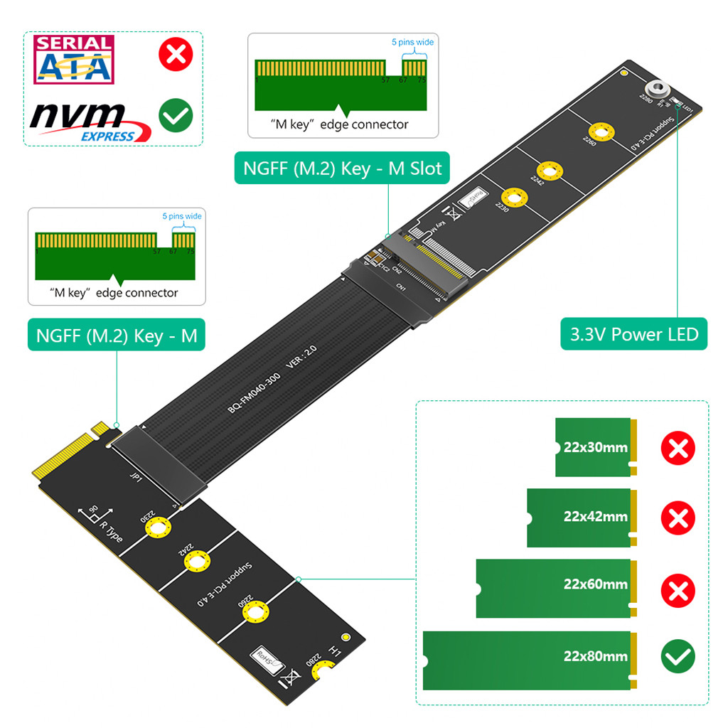 JMT Nâng Cấp 90 / 180 / 270 Độ M.2 M Key NVME SSD Cáp Nối Dài Cho M.2 NVME 2230 2242 2260 2280 Đến 2280 Cáp SSD