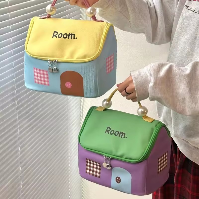 Túi đựng đồ trang điểm di động dung tích lớn - Túi đựng đồ thiết kế ngôi nhà dễ thương có dây kéo đôi cho dụng cụ sắp xếp vệ sinh du lịch cầm tay