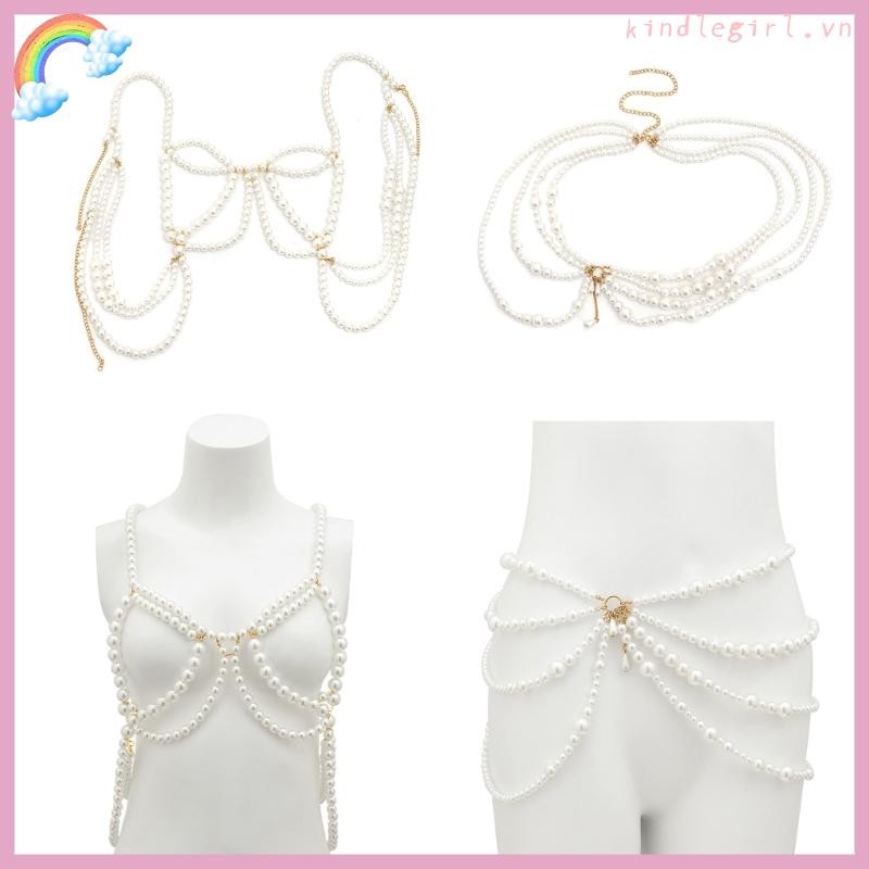 Bộ bikini ngọc trai với dây xích ngực và eo, trang sức cơ thể sang trọng