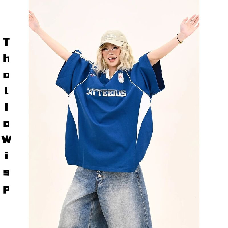 ThaliaWisp Áo thun thoải mái unisex cổ chữ V sọc, phong cách thể thao cho mùa hè