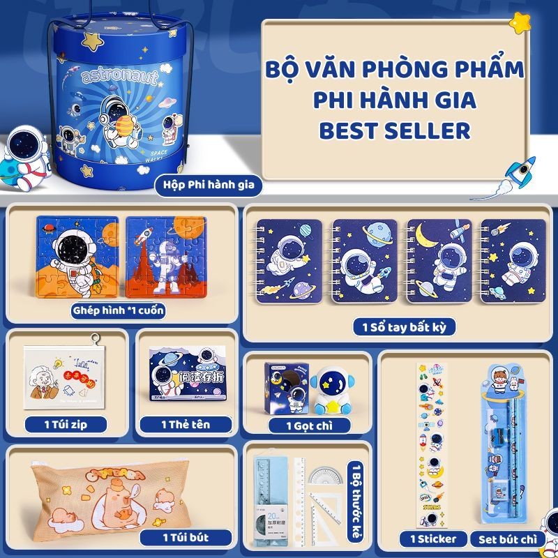 Bộ Đồ Dùng Học Tập Đa Năng Cho Học Sinh - Set Quà Tặng Văn Phòng Phẩm Màu Xanh Đáng Yêu, Hộp Bút, Sổ Tay, Bút Chì