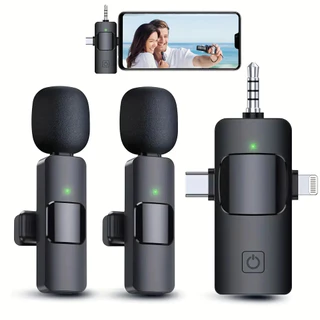 Bộ thu ba trong một Micro Lavalier không dây Micrô Mini vô tuyến trong suốt Thích hợp cho điện thoại / máy ảnh / máy tính / máy tính xách tay iPhone-Android, micrô ve áo kép có phích cắm USB-C / 3,5mm, được sử dụng cho Video, Vlog, phát sóng trực tiếp, Po