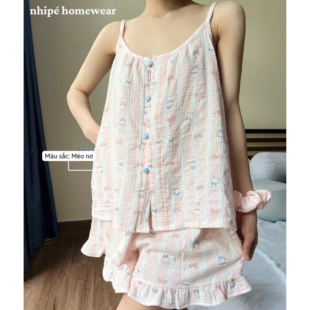 Bộ đồ xô muslin áo 2 dây quần đùi nhipé homewear nữ nút bọc mặc ngủ chất liệu cao cấp thoáng mát họa tiết xinh dễ thương
