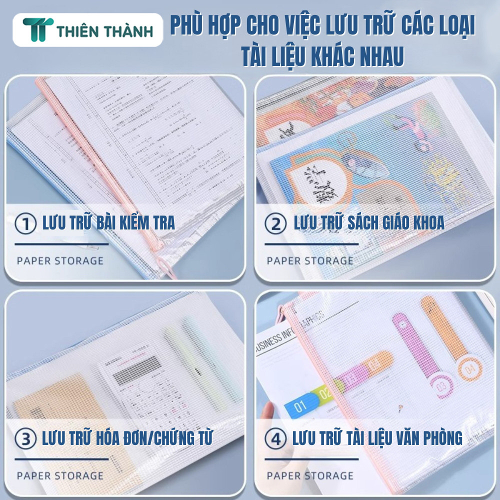 Túi Hồ Sơ Trong Suốt A4 Kèm Khóa Kéo - Túi Lưới Đựng Tài Liệu Nhiều Màu, Tiện Lợi Cho Văn Phòng, Trường Học