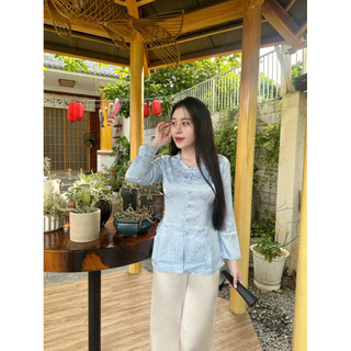 set bà ba cổ tim nút bọc dài tay, đồ bộ gấm lụa nữ