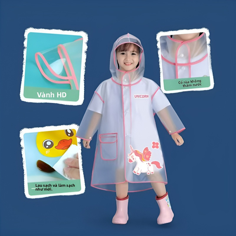 Áo Mưa Poncho Cho Bé 2-6 Tuổi, Thiết Kế Dễ Thương Chống Thấm, Mũ Rộng Che Mưa Tốt