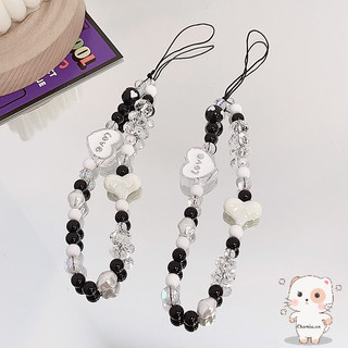 【Chamvn】Dây đeo điện thoại đính hạt đen trắng hình trái tim chữ cái chống rơi Ốp lưng điện thoại chống mất