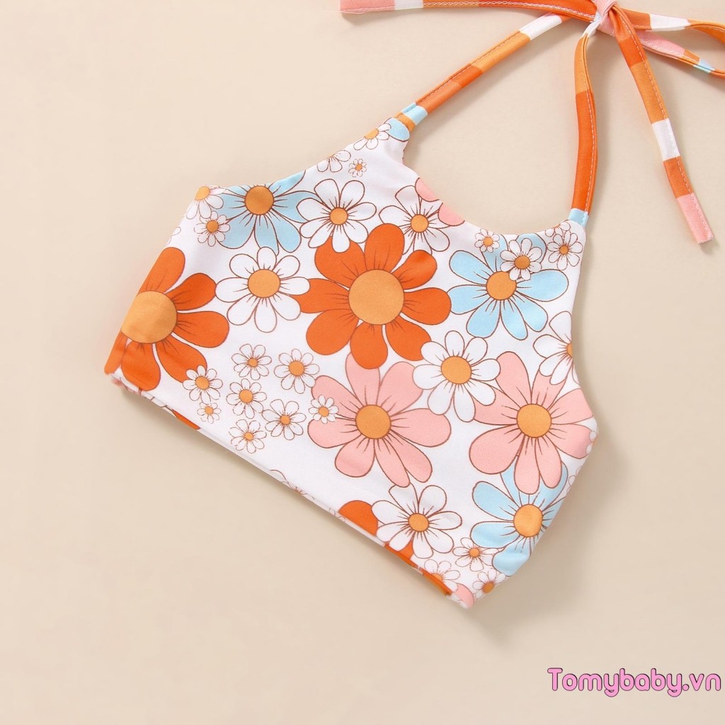 Bộ 3 trang phục mùa hè cho bé gái mới biết đi Áo hai dây in hoa + Quần loe sọc + Bộ băng đô nơ