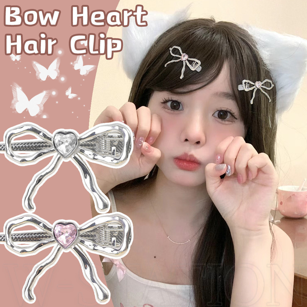 Kẹp tóc nơ kim loại hình trái tim - Kẹp tóc bạc sáng bóng cho bé gái Y2k - Thời trang, Phong cách múa ba lê, Ngọt ngào, dễ thương Kẹp mỏ vịt - Phụ kiện tóc phổ biến