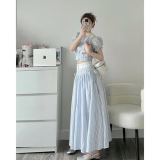 Set Váy Dài Kẻ Sọc Xanh Tiểu Thư Sang Chảnh