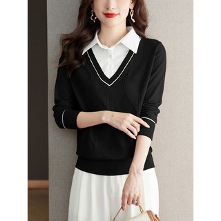 Giả Hai Mảnh Top Nữ Xuân Thu Phong Cách Phương Tây Đan Quần Áo Mùa Thu 2024 Phong Cách Mới Thu Đông Thời Trang Áo Sơ Mi Nữ Cổ Áo Len