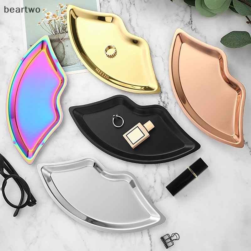 < Beartwo > Khay đựng đồ trang sức hình môi bằng thép không gỉ Mỹ phẩm gia đình Khay kim loại Nữ Khay đựng đồ trang sức Trang trí đẹp