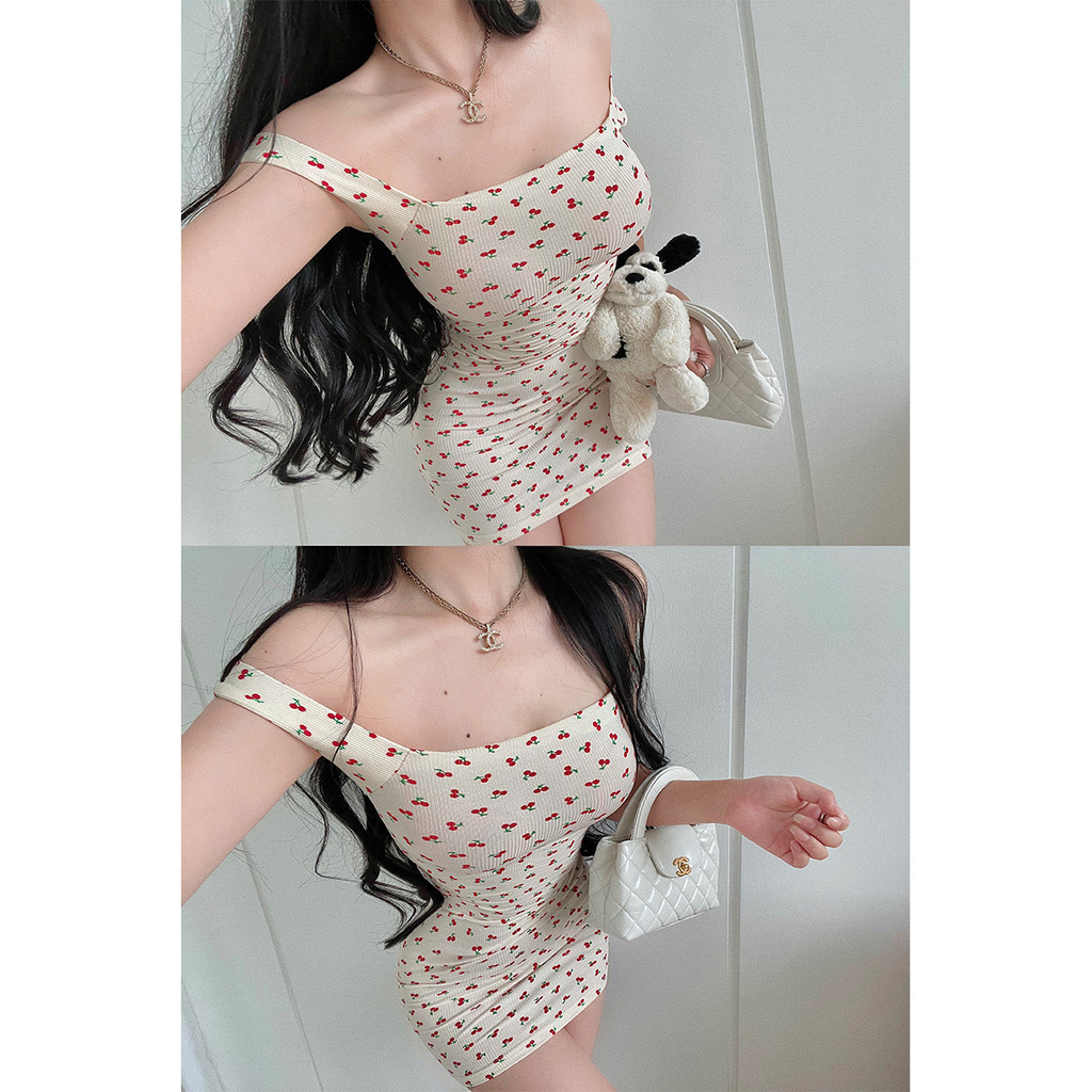 Pure Desire Phong Cách Cô Gái Ngọt Ngào In Hình Anh Đào Skinny Ôm Hơn Nhìn Dây Đeo Đầm Hông Váy