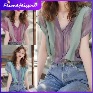Phong Cách Hồng Kông Cổ Chữ V Hợp Thời Trang Đẹp Sang Trọng Độc Đáo Sọc Chắp Vá Áo Sơ Mi Voan Nữ Tay Ngắn