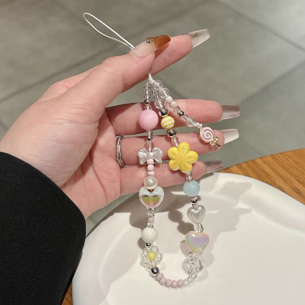 Hoa Màu Ngọc Trai Hồng Dây Điện Thoại Dây Treo Điện Thoại Cổ Tay Hạt Handmade Dây Ngắn Đa Năng
