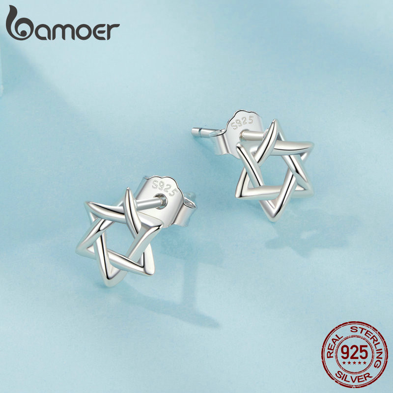Bông tai bạc Bamoer 925 Thiết kế ngôi sao sáu cánh Quà tặng trang sức dành cho nữ.