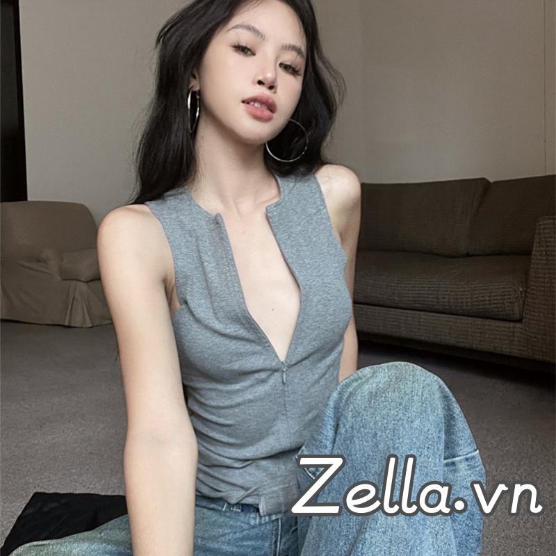 Áo Tank Nữ Màu Trơn Zip Up Không Tay Slim Fit Cổ Tròn Crop Vest