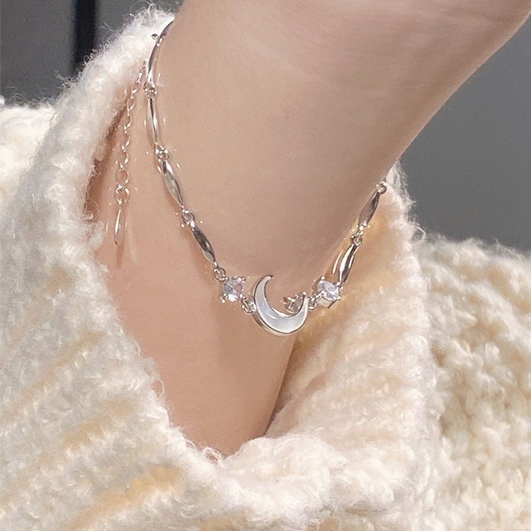 Thời trang S925 Bạc Sao Mặt Trăng Vòng Tay Nữ Tinh Tế Đơn Giản Có Thể Điều Chỉnh Vòng Tay Kim Cương