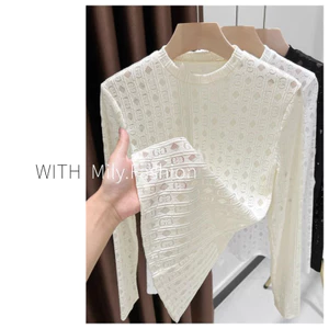 Milyfashion Phong Cách Mới Rỗng Ren Đáy Nhỏ Cổ Tròn Gạc Dài Tay