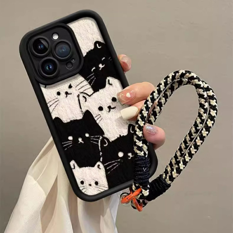 Ốp Điện Thoại Mèo Trắng Đen ins Style Cho Redmi Note 14C A5 14 Pro + 14S 14R Turbo 4 K80 K70 Pro Xiaomi Poco X7 Pro 4G 5G Vỏ Mềm Ốp Lưng Chống Sốc Có Dây Buộc Bện