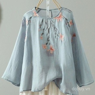 Mùa Hè 2025 Mới Nữ Vải Lanh Cotton Thêu Chống Nắng Áo Sơ Mi Tay Dài Thời Trang Nhẹ Plus Kích Thước Vải Lanh Cotton Top