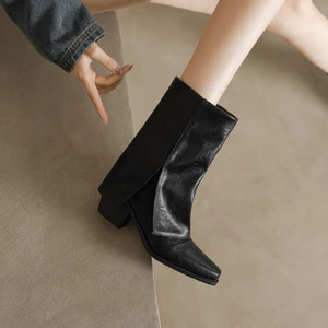 YFM34-44 Kích Thước Lớn Màu Nâu Retro Mũi Nhọn Gót Dày Giày Bốt Ngắn Nhỏ Thời Trang Cao Gót Tay Quần Giày Bốt Thiết Kế Niche Bên Khe Giày Cao Bồi Phương Tây