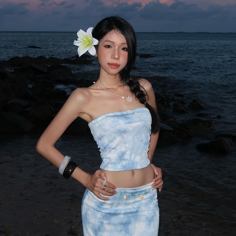 Klalien Wave Ripples Bộ Đồ Bikini Phù Hợp Đi Biển Mùa Hè, Kiểu Dáng Quấn Ngực VàCrop Top Kết Hợp Váy Hở Hông Lưng Cao