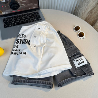 Bộ đồ bé trai mùa hè cá tính - Áo ba lỗ in chữ + quần short jean phong cách Hàn Quốc