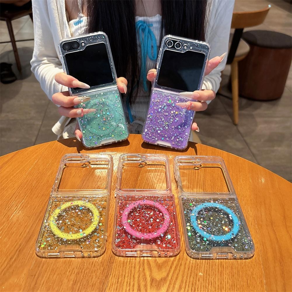 Ốp Điện Thoại Từ Tính Epoxy Mạ Điện Cho Samsung Galaxy ZFlip7 ZFlip5 zFlip4 zflip3 Zflip6 Sạc Không Dây Lấp Lánh Bảo Vệ Vỏ Chống Sốc