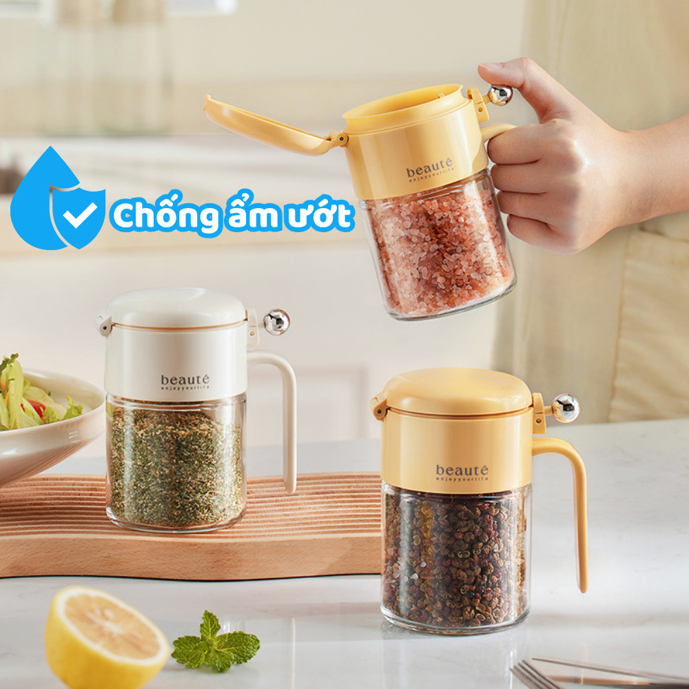 Lọ Đựng Gia Vị Thủy Tinh Kèm Muỗng, Nắp Bật Tự Động Chống Ẩm Ướt, Ngăn Vi Khuẩn