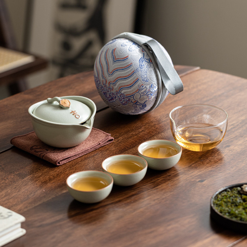 Ru Kiln Di Động Du Lịch Trà Tách Nước Ngoài Trời Cốc Nhanh Đá Trung Quốc Nứt Lát Gốm Kung Fu Bộ Trà