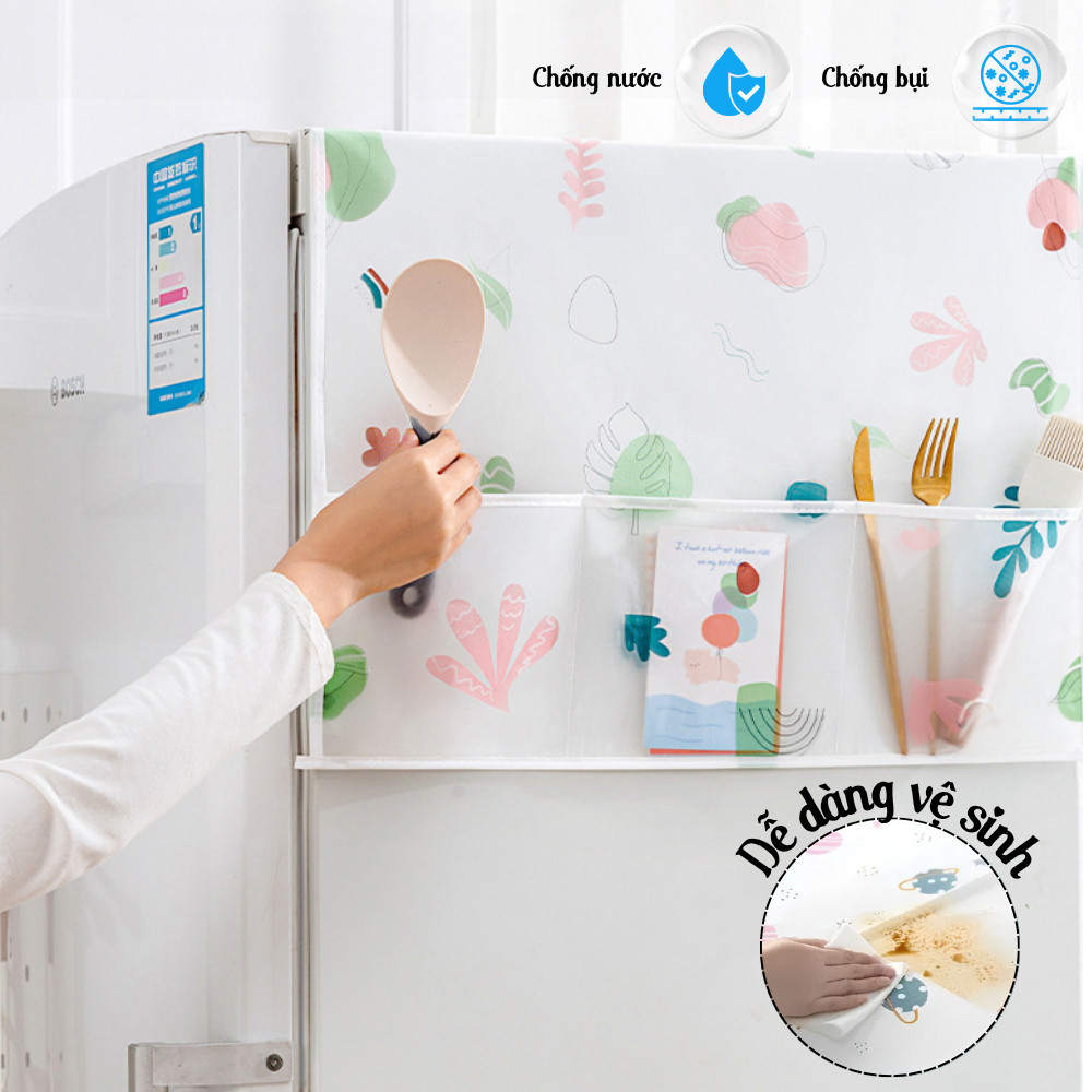 Khăn Phủ Tủ Lạnh PEVA Chống Thấm, Chống Bụi, Tấm Phủ Có Ngăn Đựng Tiện Lợi Trang Trí Nhà Bếp Dinohome