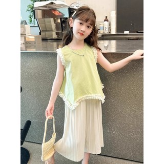 Bộ đồ bé gái hè phong cách Hàn Quốc - Áo viền bèo dễ thương kèm quần ống rộng thoải mái