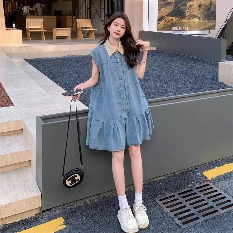 [YU]Váy sơ mi denim chắp vá cá tính, phong cách học đường, form rộng, dài vừa, thoải mái.