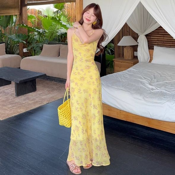 Đầm hoa mùa hè phong cách Pháp, thiết kế sling ôm eo, dáng dài