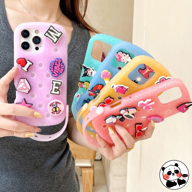Crocs Silicon Ốp Lưng Điện Thoại iPhone 16 15 14 Pro Max 13 16ProMax 15ProMax 14ProMax Cover Hoạt Hình Dễ Thương Lỗ Giày Lấp Lánh Trong Suốt Thạch Chống Sốc Thoáng Khí Dây Đeo Tay Vỏ Mềm