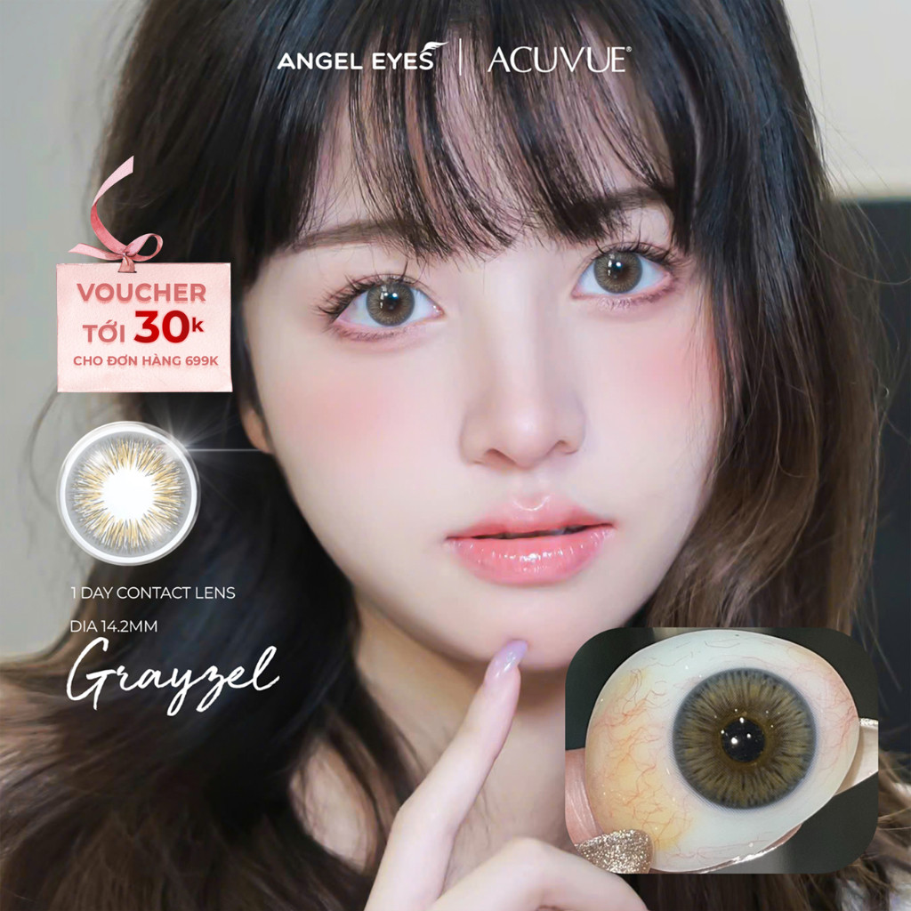 Kính áp tròng 1 ngày màu xám tự nhiên Grayzel - ACUVUE Define Angel Eyes  độ cận 0-9 giãn nhẹ 14.2mm