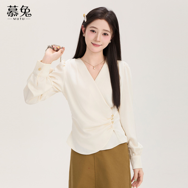 Mutu Áo Sơ Mi Nữ Phong Cách Pháp Cổ Chữ V, Form Slim-Fit, Mùa Hè Mỏng và Cao Cấp