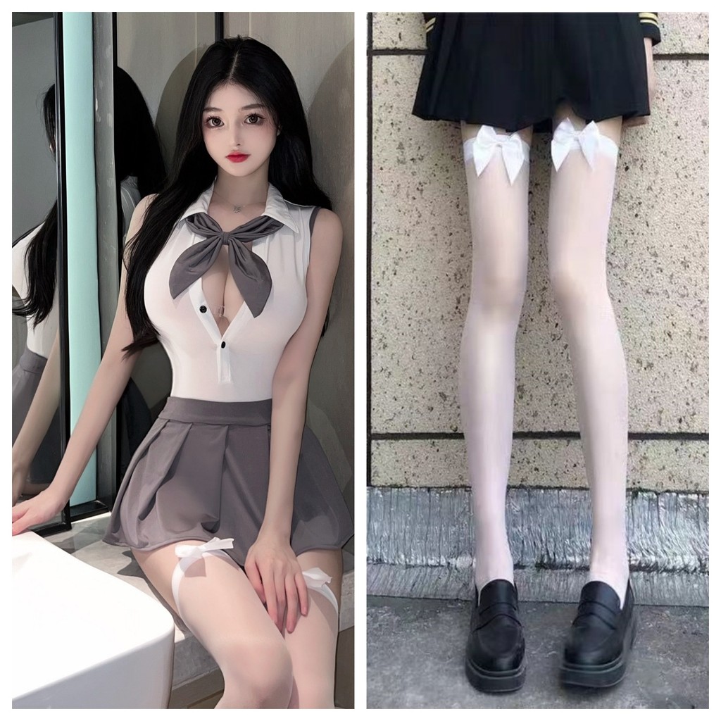 Áo liền quần gợi cảm khóa ẩn nơ dây đồng phục sinh viên nữ