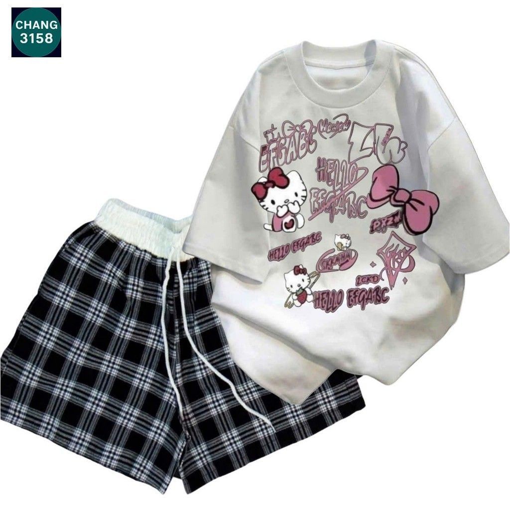sét bộ quần đùi cộc kẻ caro cạp chun màu trắng +mix áo phông form rộng-MÈO CUTE -cam 3158