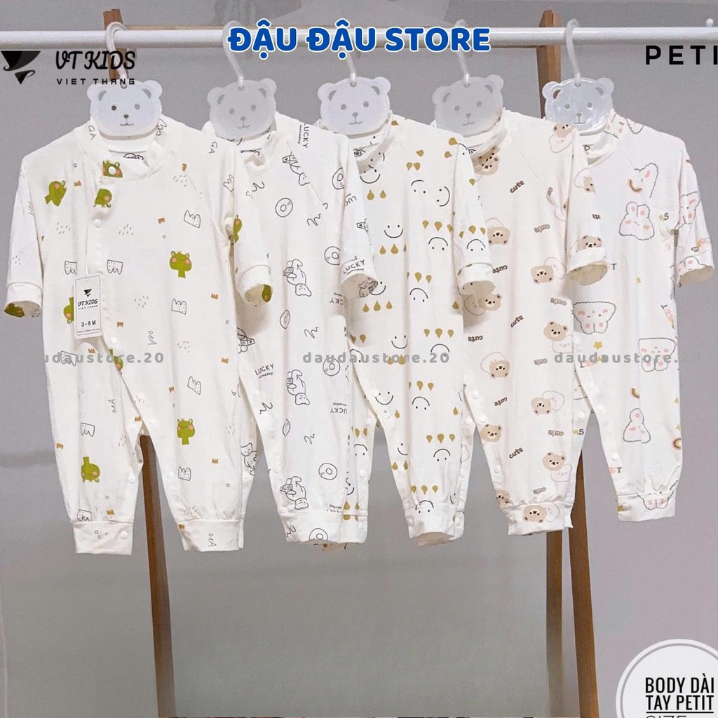 (Set 2 - Set 3) Body Thun Petit Dài Tay Trắng Phối VT Cúc Bấm Mềm Mịn Cho Bé Sơ Sinh 3-9kg VT-BD08 Đậu Đậu Store