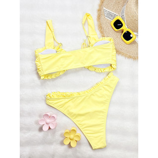 Biкиni hai mảnh nữ màu vàng với thiết kế ruffle bandeau và dây buộc ngực
